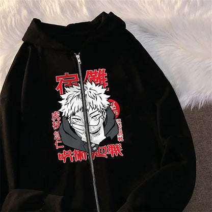 Jujutsu Kaisen Poster Printed Oversize Zippered Black Unisex Hooded Cardigan