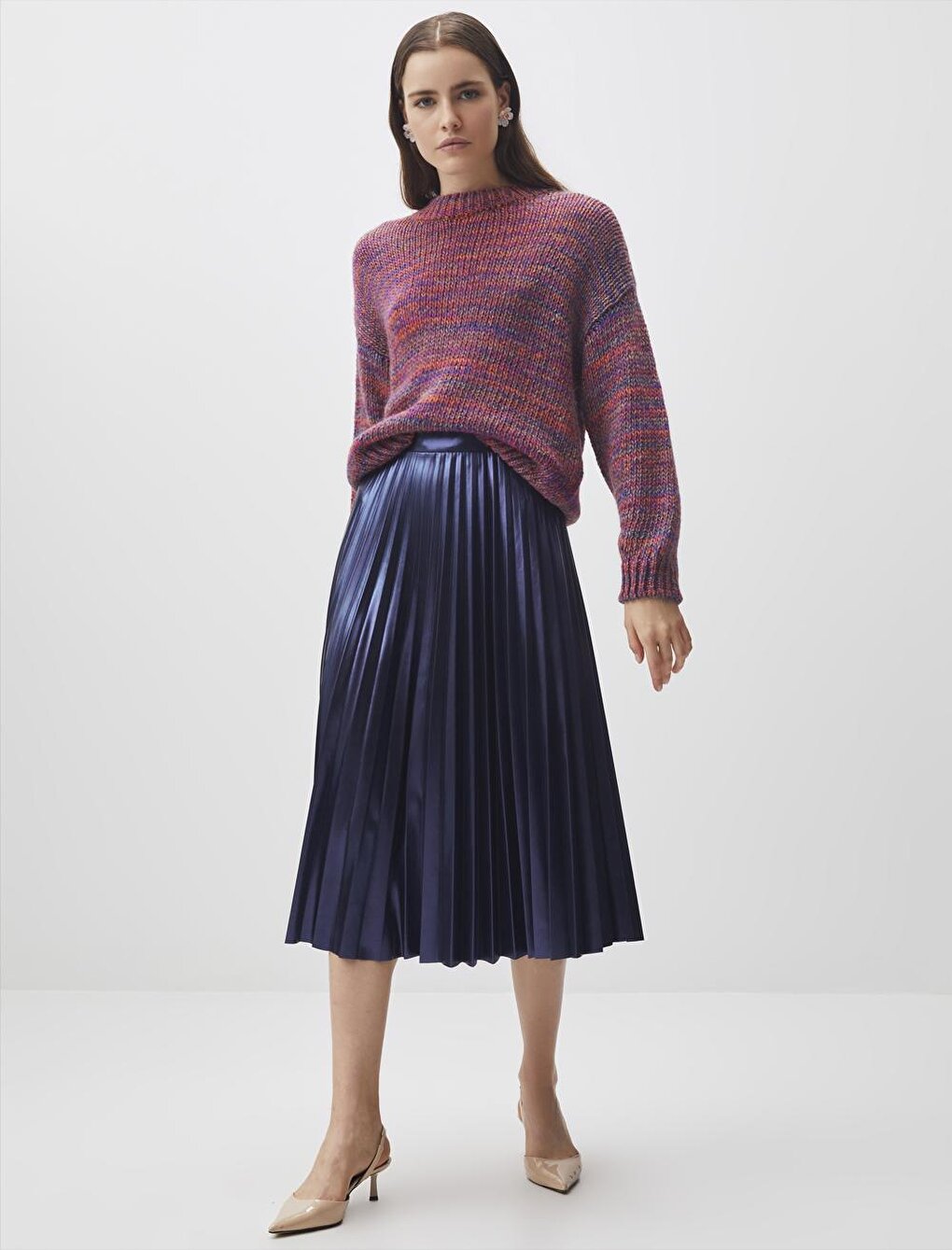 Navy Blue Normal Waist Pleated Stylish Midi Skirt