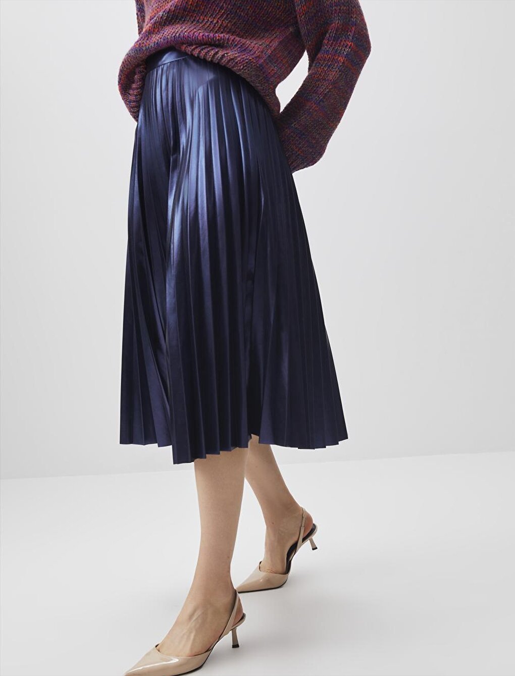 Navy Blue Normal Waist Pleated Stylish Midi Skirt