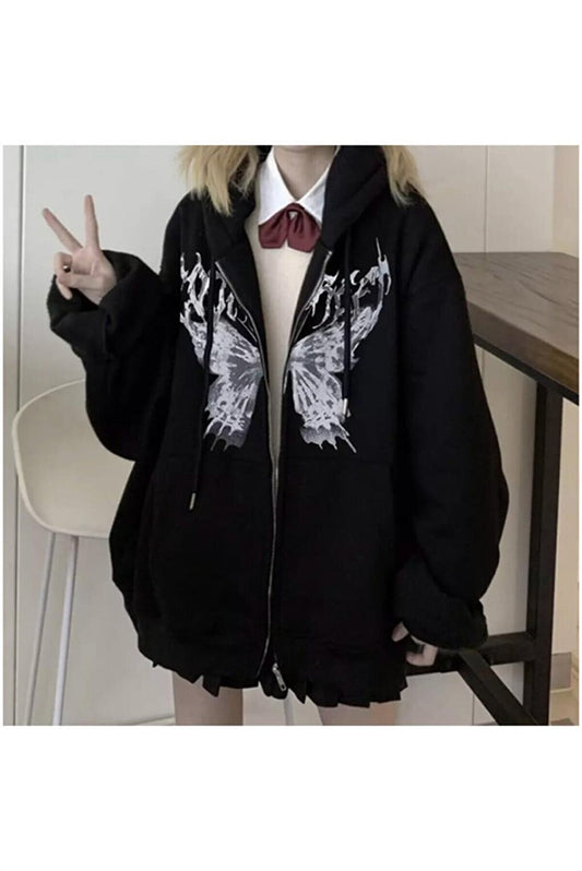 Harajuku Butterfly Printed Oversize Zippered Black Unisex Hooded Cardigan