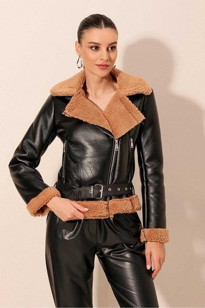 Women's Black Double Breasted Collar Zippered Leather Coat with Fur Inside Belt