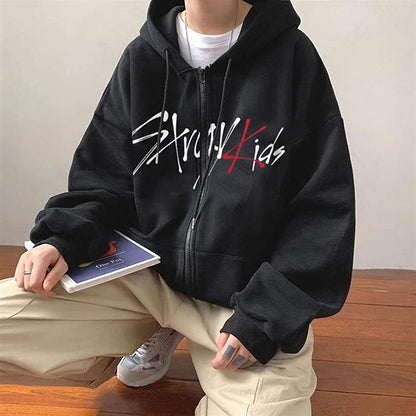 Stray Kids Printed Oversize Zippered Black Unisex Hooded Cardigan