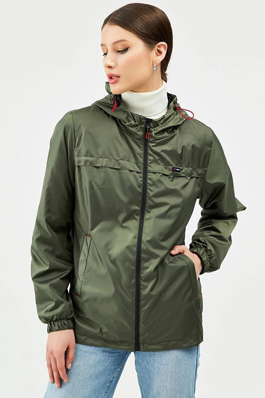 Women's Water Resistant Hooded, Lined, Pocketed Raincoat - Windbreaker Jacket