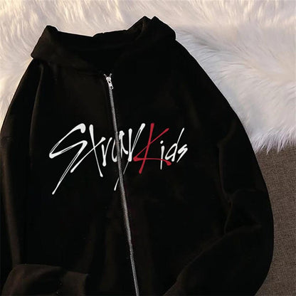 Stray Kids Printed Oversize Zippered Black Unisex Hooded Cardigan