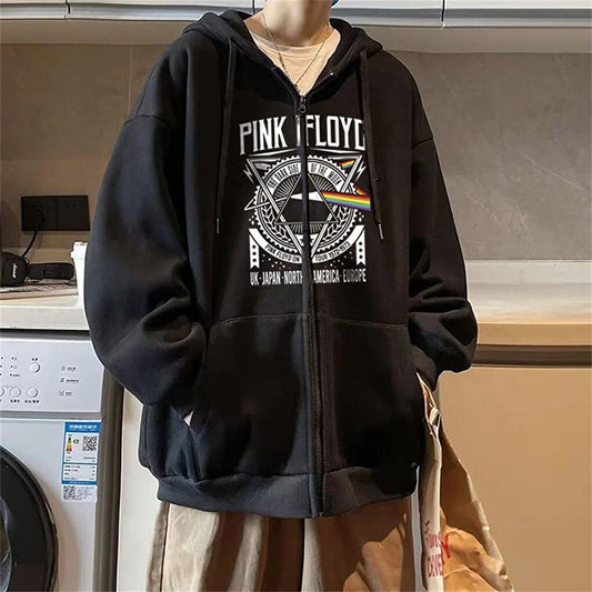 Pink Floyd Printed Oversize Zippered Black Unisex Hooded Cardigan