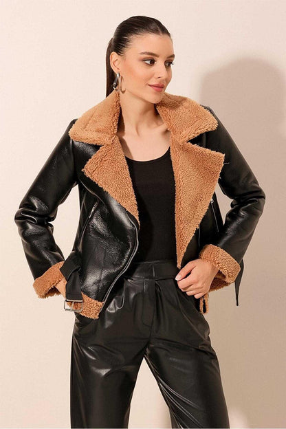 Women's Black Double Breasted Collar Zippered Leather Coat with Fur Inside Belt