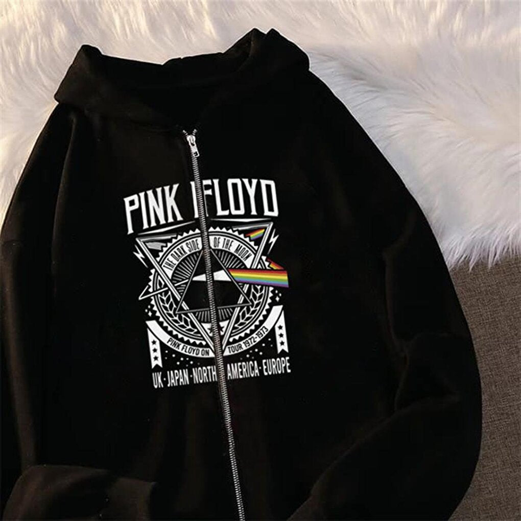 Pink Floyd Printed Oversize Zippered Black Unisex Hooded Cardigan