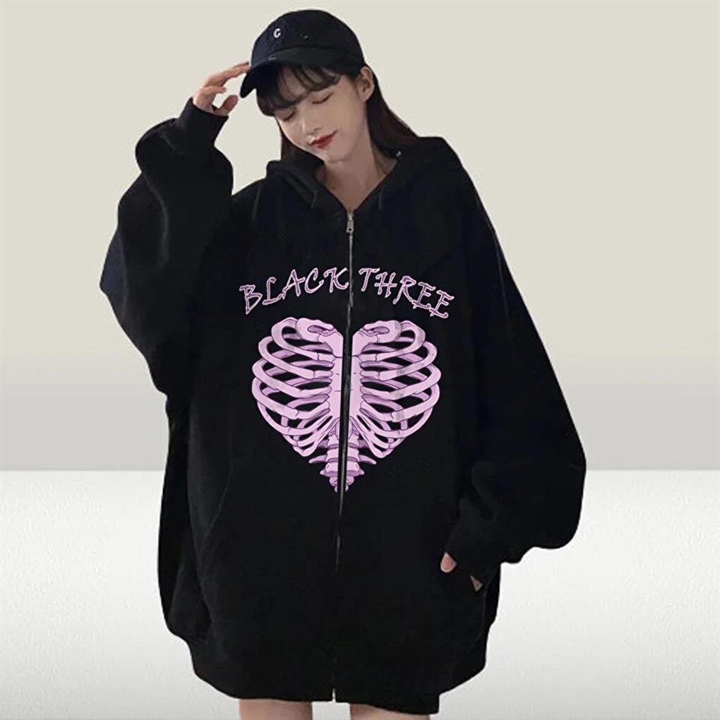 Black Three Cage Heart Printed Oversize Zippered Black Unisex Hooded Cardigan