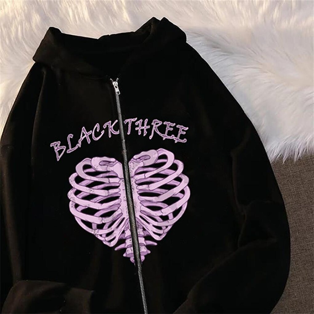 Black Three Cage Heart Printed Oversize Zippered Black Unisex Hooded Cardigan