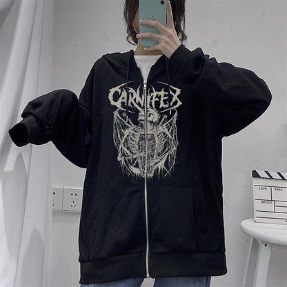 Carnifex Printed Oversize Zippered Black Unisex Hooded Cardigan