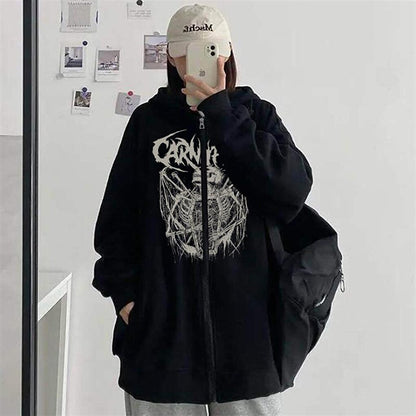 Carnifex Printed Oversize Zippered Black Unisex Hooded Cardigan