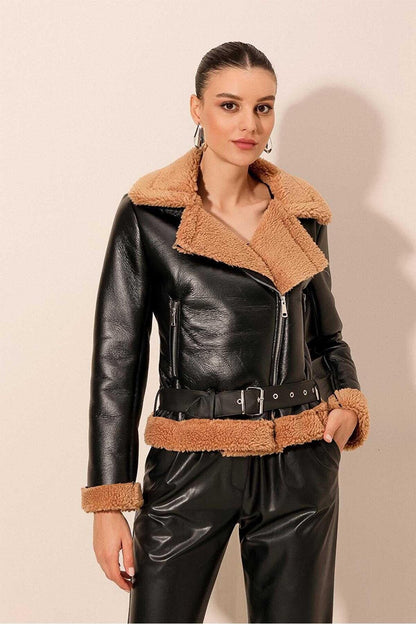 Women's Black Double Breasted Collar Zippered Leather Coat with Fur Inside Belt