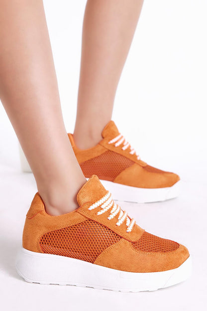 Women's Orange Comfortable Fit High Sole Breathable Fabric Lace-up Sneaker