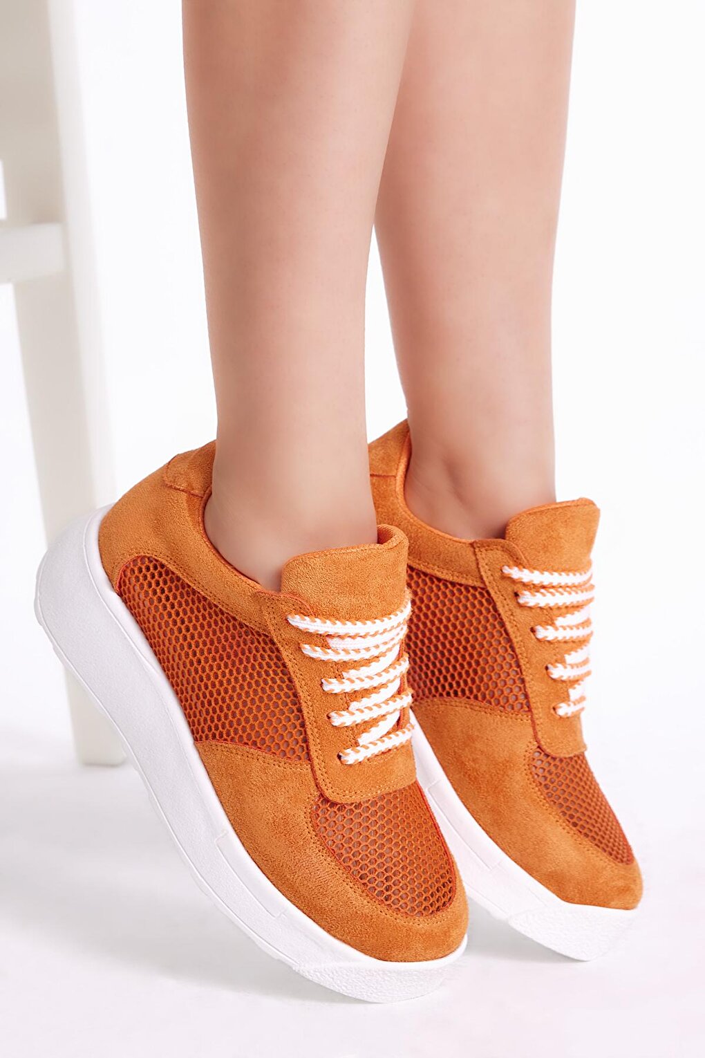 Women's Orange Comfortable Fit High Sole Breathable Fabric Lace-up Sneaker