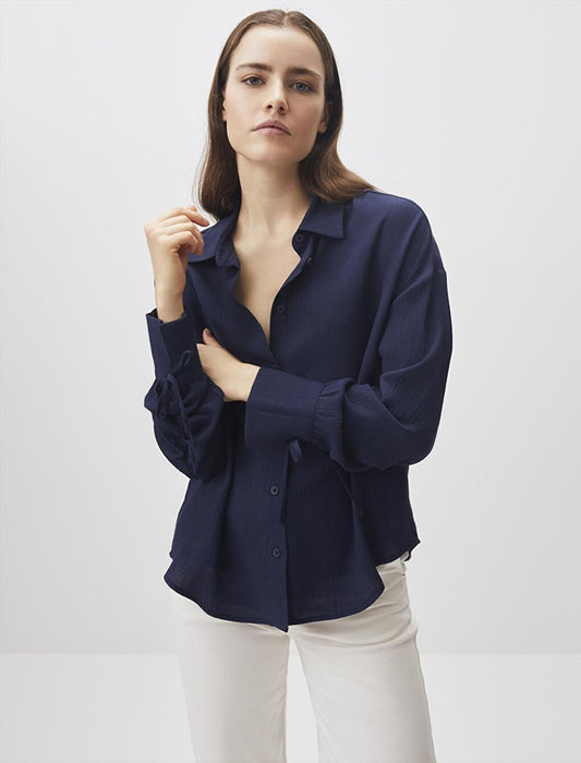 Navy Blue Long Sleeve Stylish Shirt with Sleeve Detail