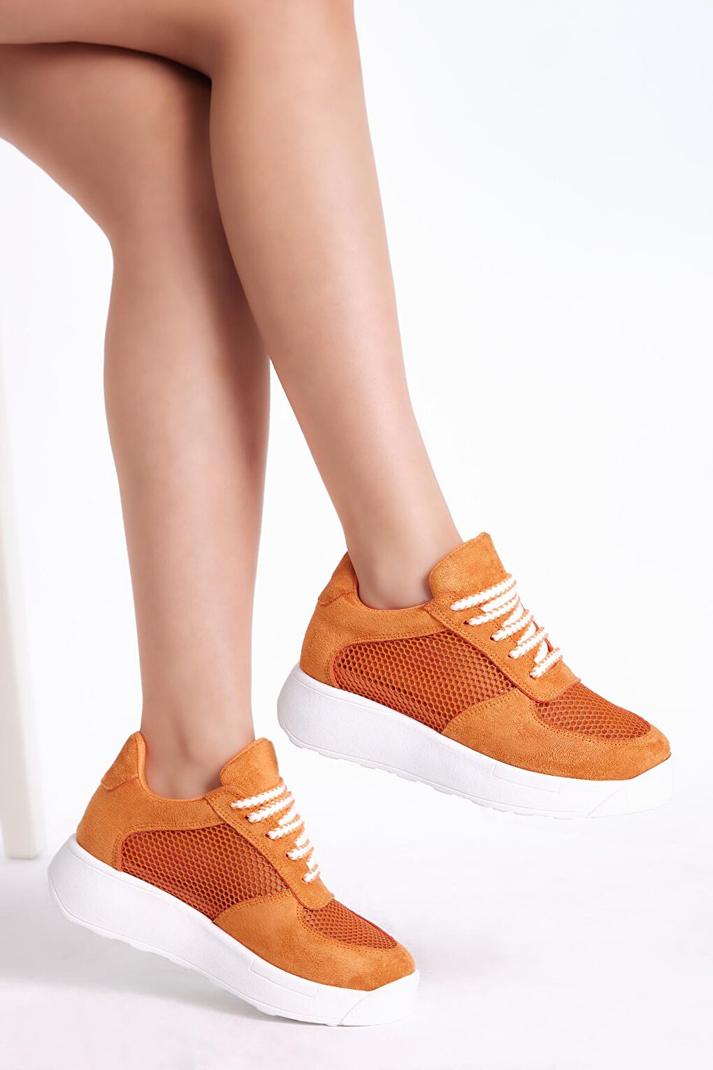 Women's Orange Comfortable Fit High Sole Breathable Fabric Lace-up Sneaker