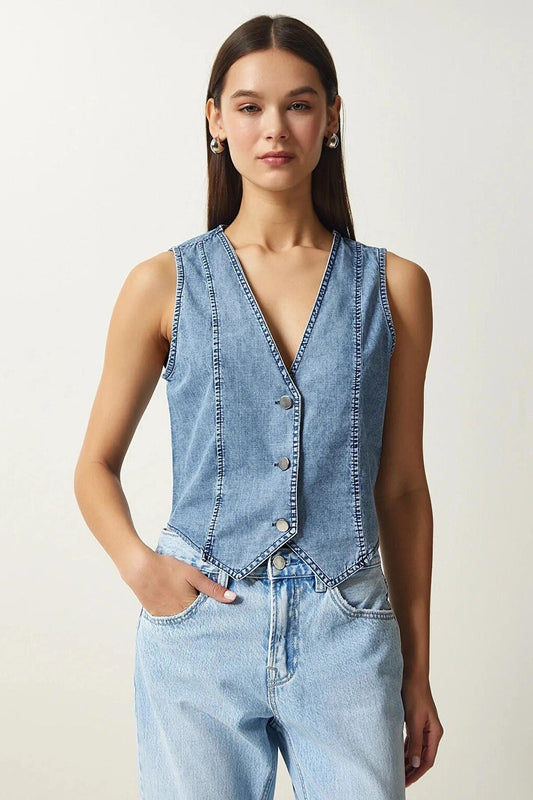 Women's Blue V-Neck Front Metal Button Sleeveless Jean Vest HZL24W-BD167911