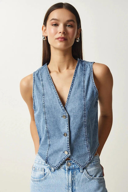 Women's Blue V-Neck Front Metal Button Sleeveless Jean Vest HZL24W-BD167911