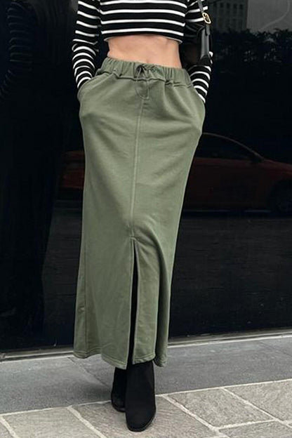 Khaki Green Women's Midi Skirt with Slit Detail on the Front MG1614