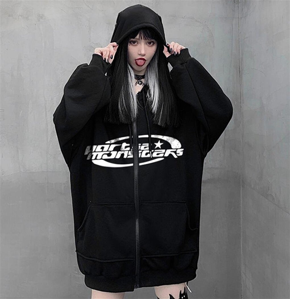 Partie Monsters Printed Oversize Zippered Black Unisex Hooded Cardigan