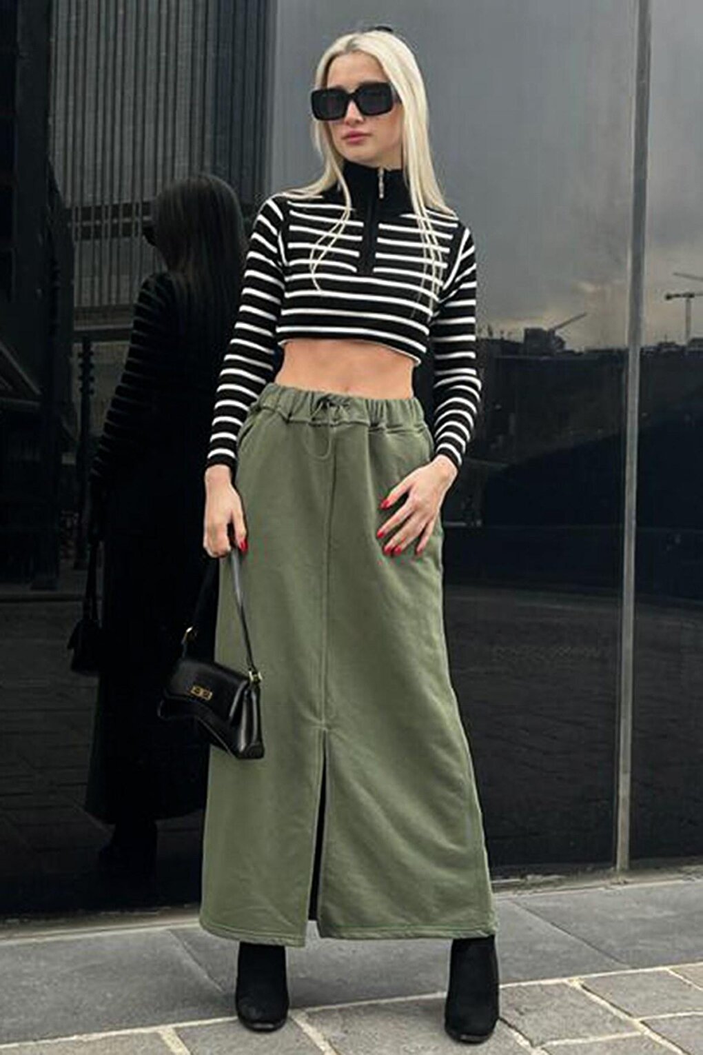 Khaki Green Women's Midi Skirt with Slit Detail on the Front MG1614