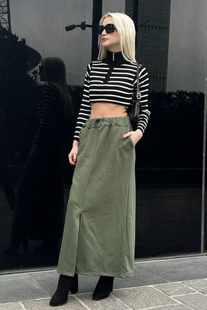 Khaki Green Women's Midi Skirt with Slit Detail on the Front MG1614