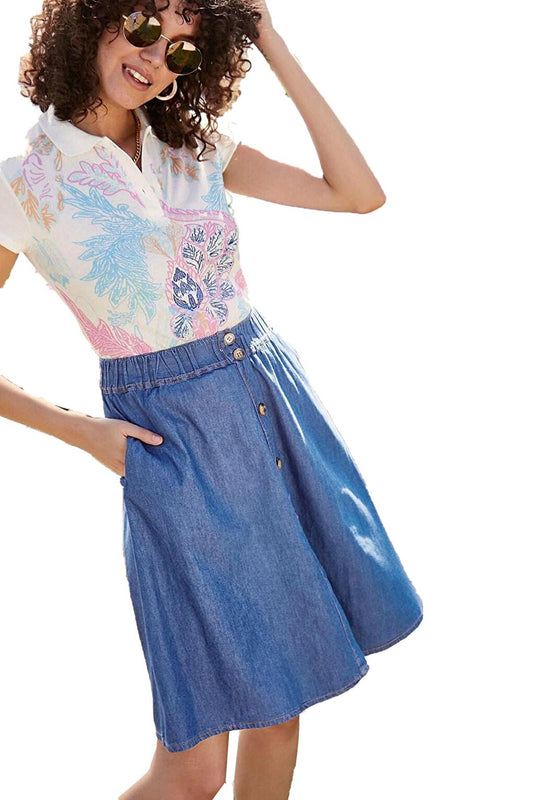 Buttoned Jean Skirt with Elastic Waist