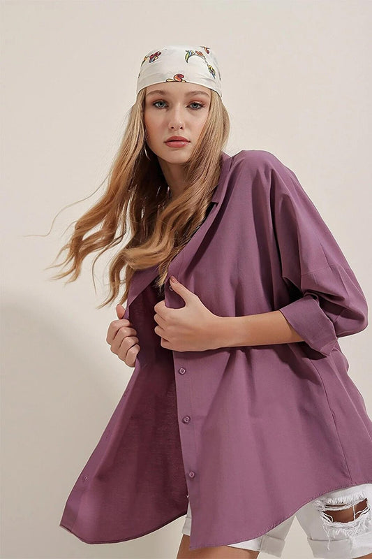 Women's Purple Plain Plain Araboy Basic Oversize Shirt