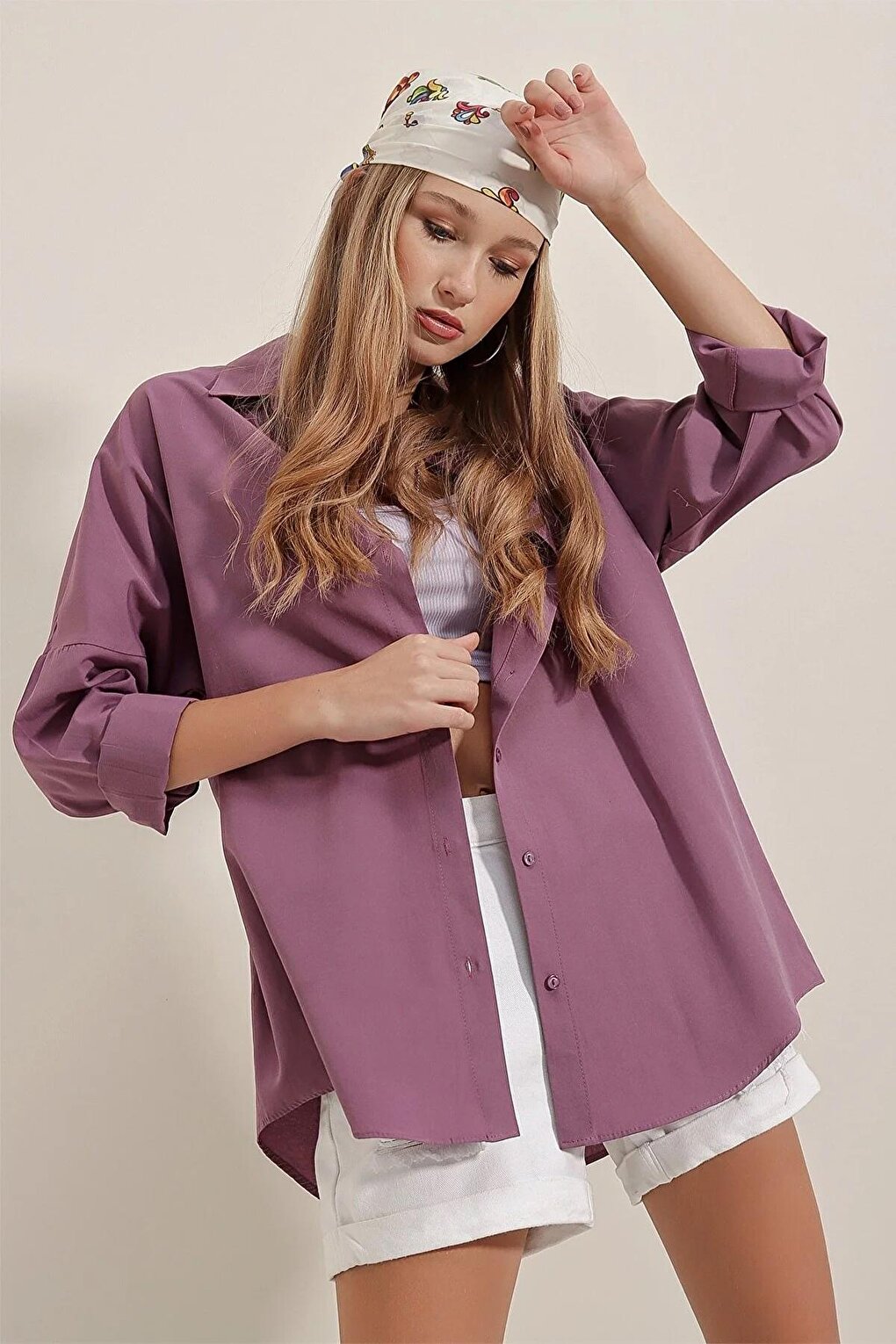 Women's Purple Plain Plain Araboy Basic Oversize Shirt