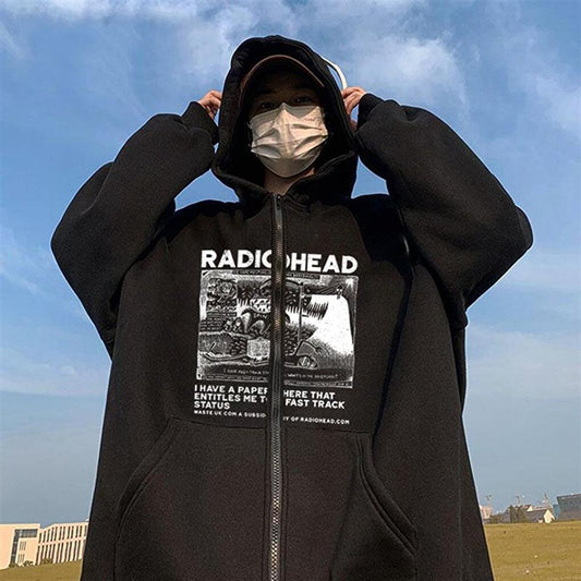 Radiohead Printed Oversize Zippered Black Unisex Hooded Cardigan