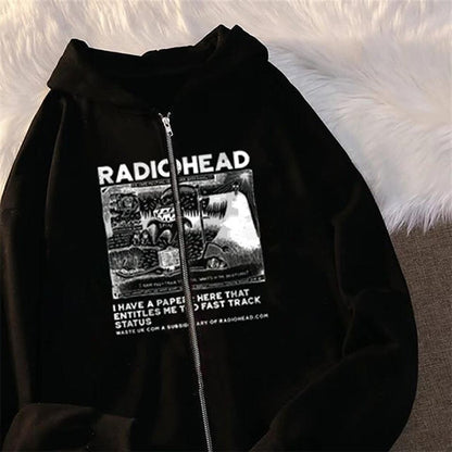 Radiohead Printed Oversize Zippered Black Unisex Hooded Cardigan