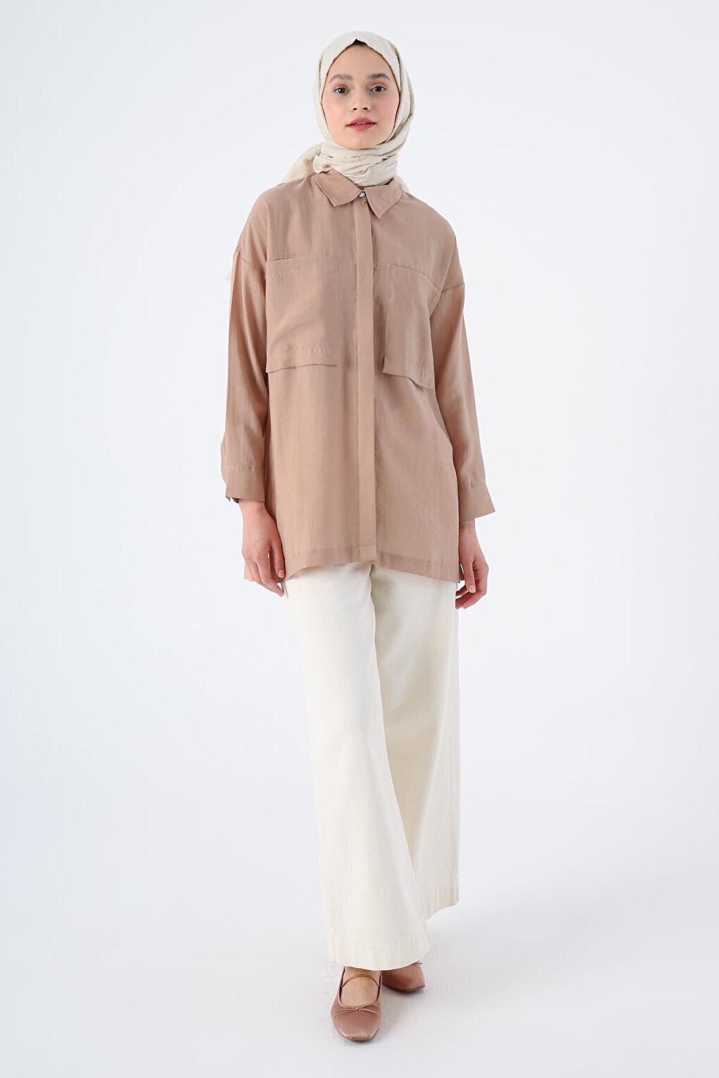 Dark Beige Comfortable Fit Blended Shirt Tunic