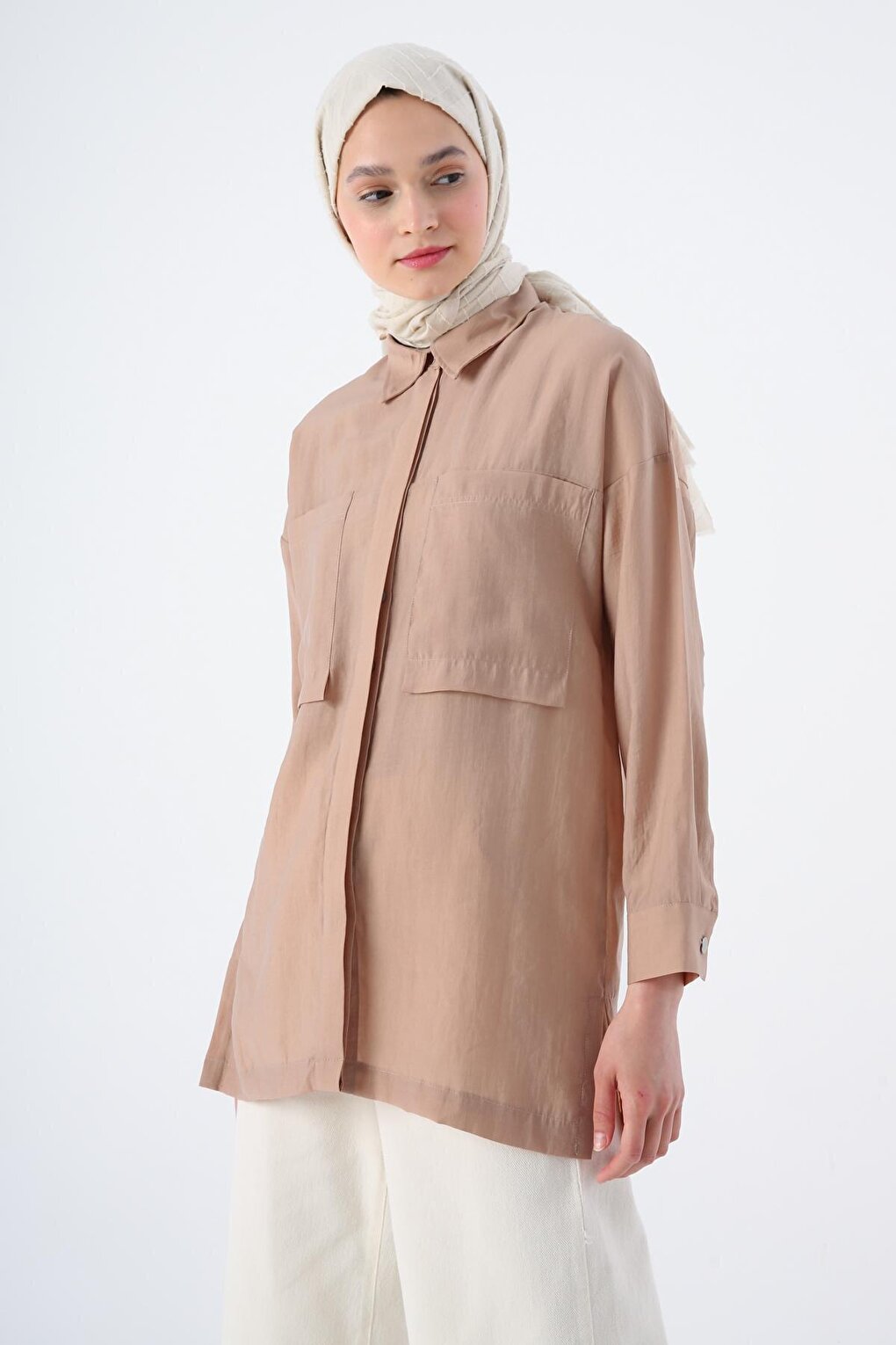 Dark Beige Comfortable Fit Blended Shirt Tunic