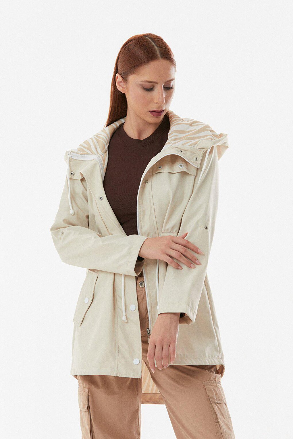 Hooded Trench Coat with Folded Sleeves