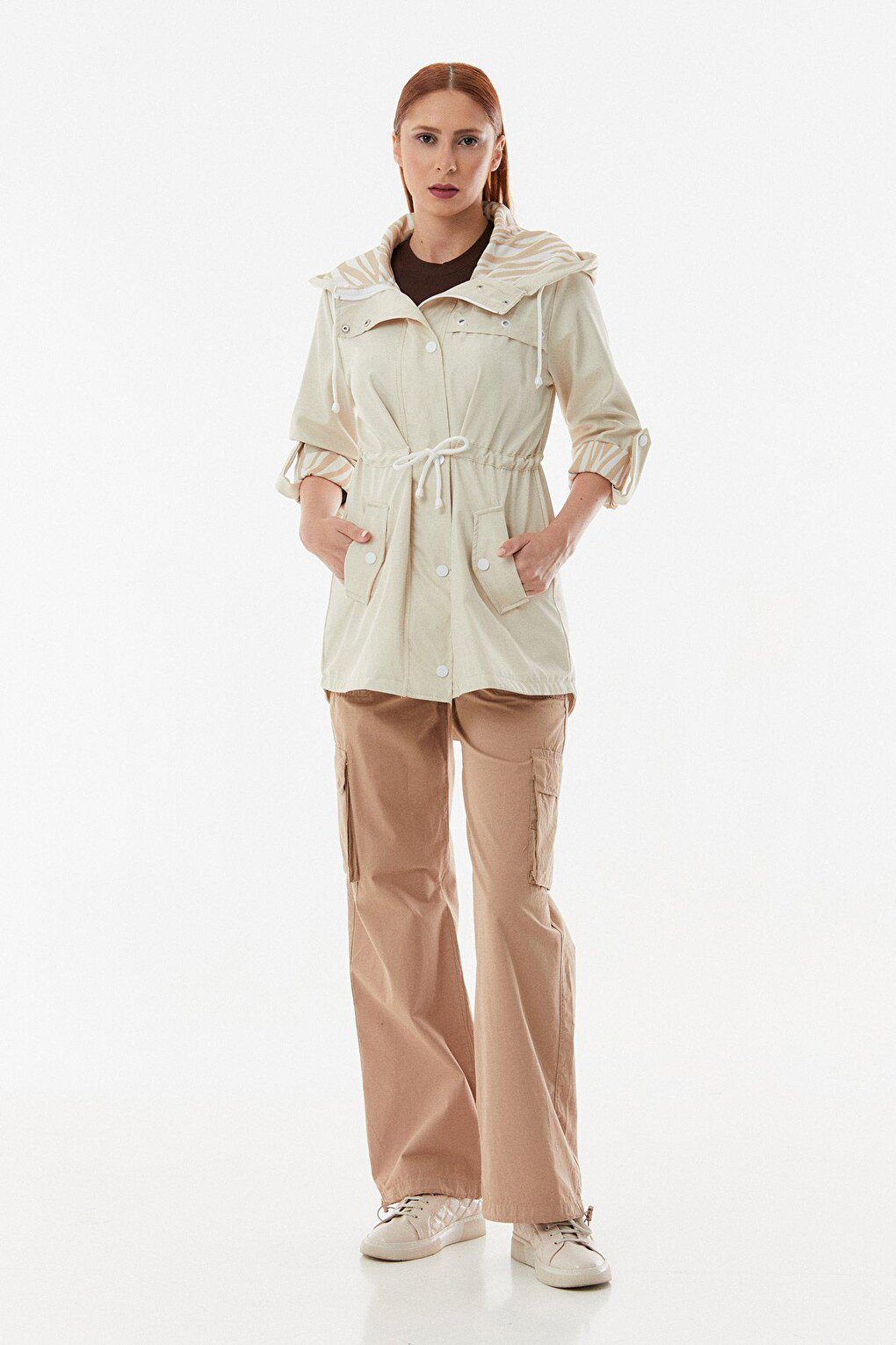 Hooded Trench Coat with Folded Sleeves