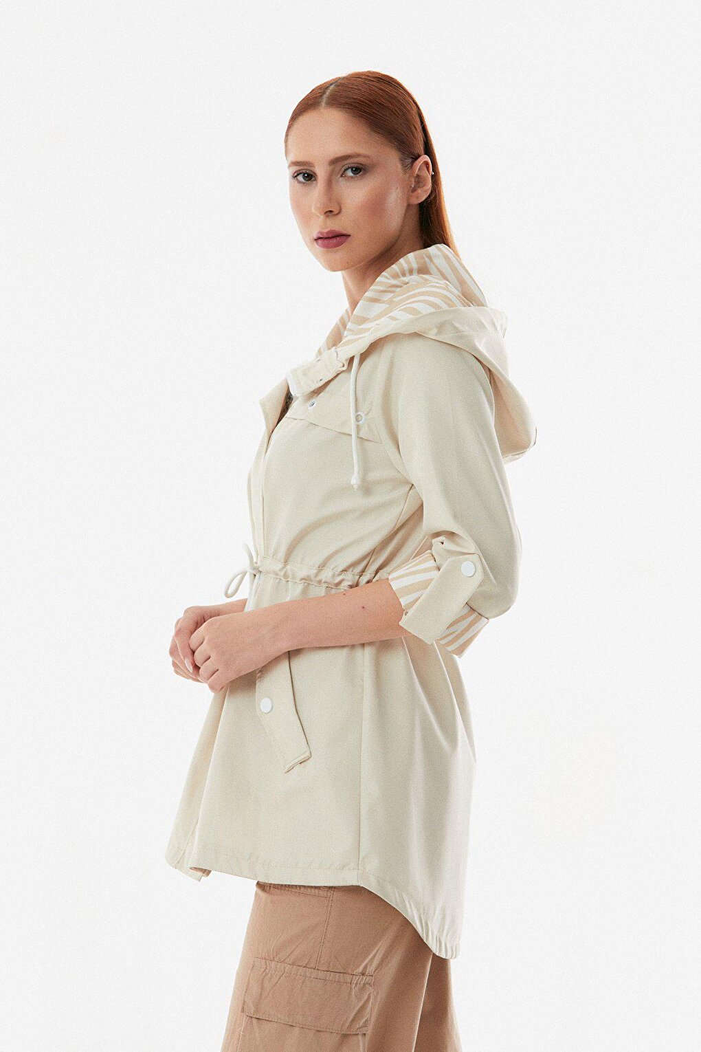 Hooded Trench Coat with Folded Sleeves