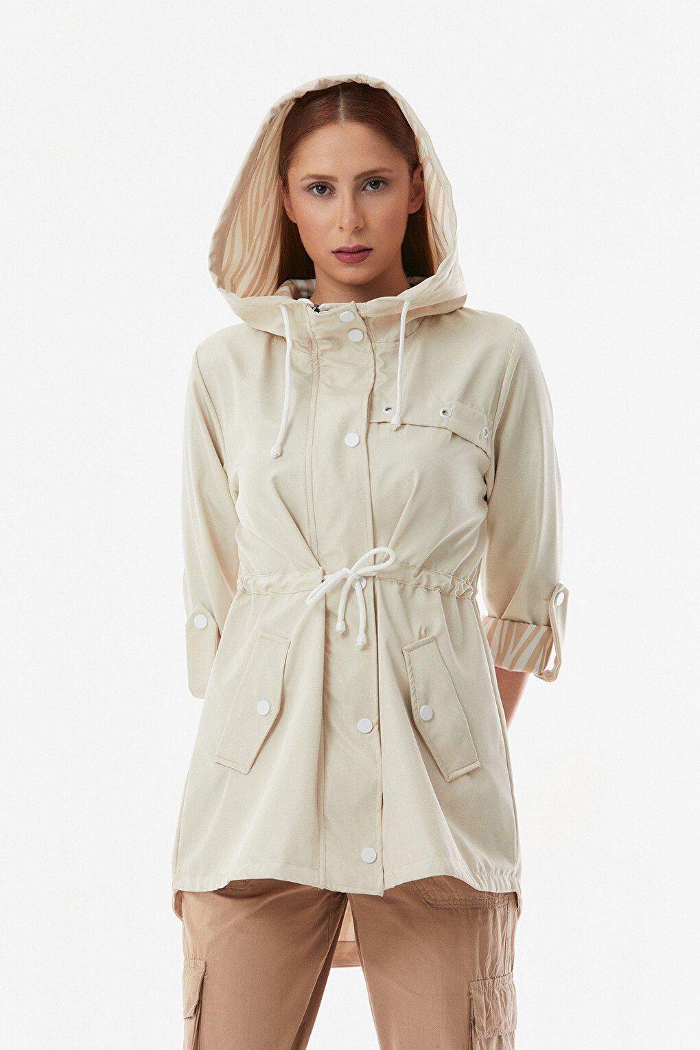 Hooded Trench Coat with Folded Sleeves