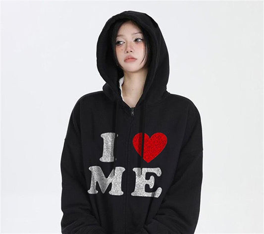 I Love Me Printed Oversize Zippered Black Unisex Hooded Cardigan