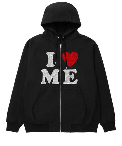 I Love Me Printed Oversize Zippered Black Unisex Hooded Cardigan