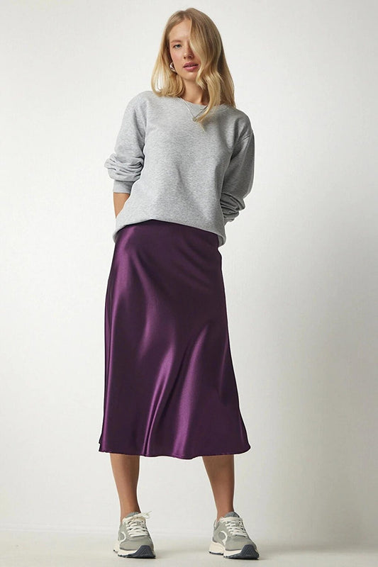 Women's Purple Satin Finish Midi Length Skirt HZL23S-BD1101471