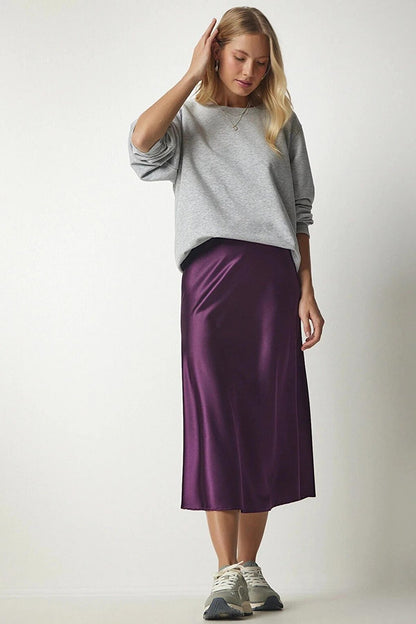 Women's Purple Satin Finish Midi Length Skirt HZL23S-BD1101471