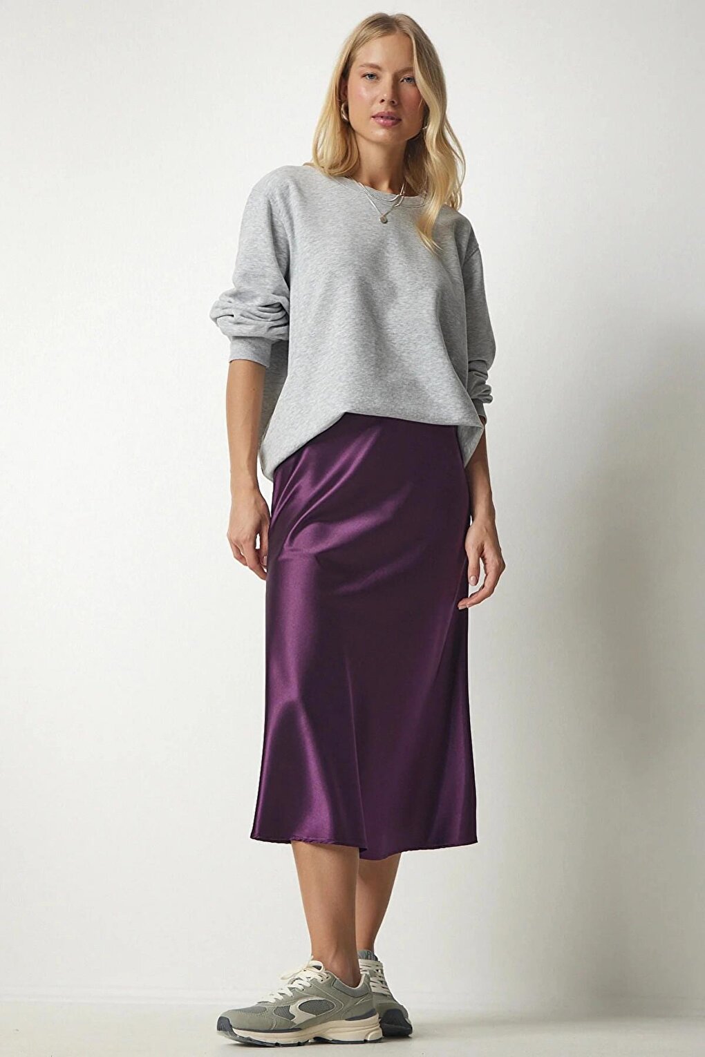 Women's Purple Satin Finished Midi Length Skirt with Elastic Waist Hzl23s-bd1101471