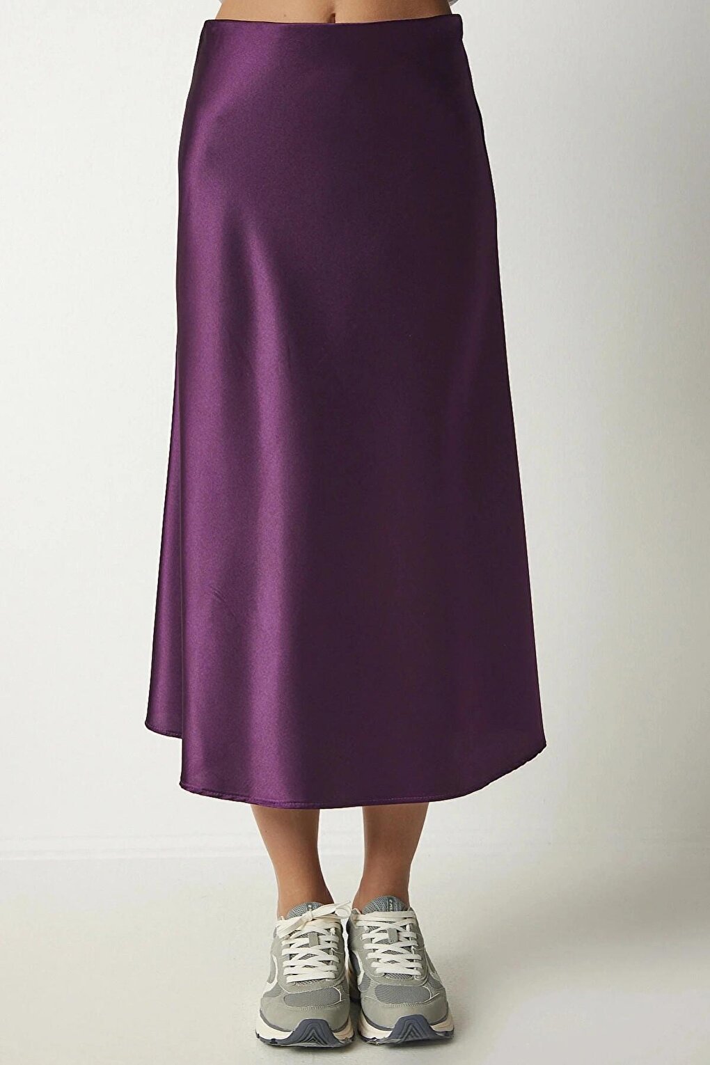 Women's Purple Satin Finished Midi Length Skirt with Elastic Waist Hzl23s-bd1101471