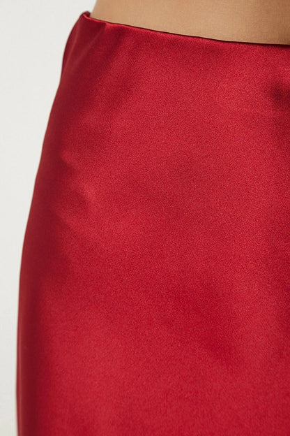 Women's Burgundy Satin Finished Midi Length Skirt with Elastic Waist Hzl23s-bd1101471