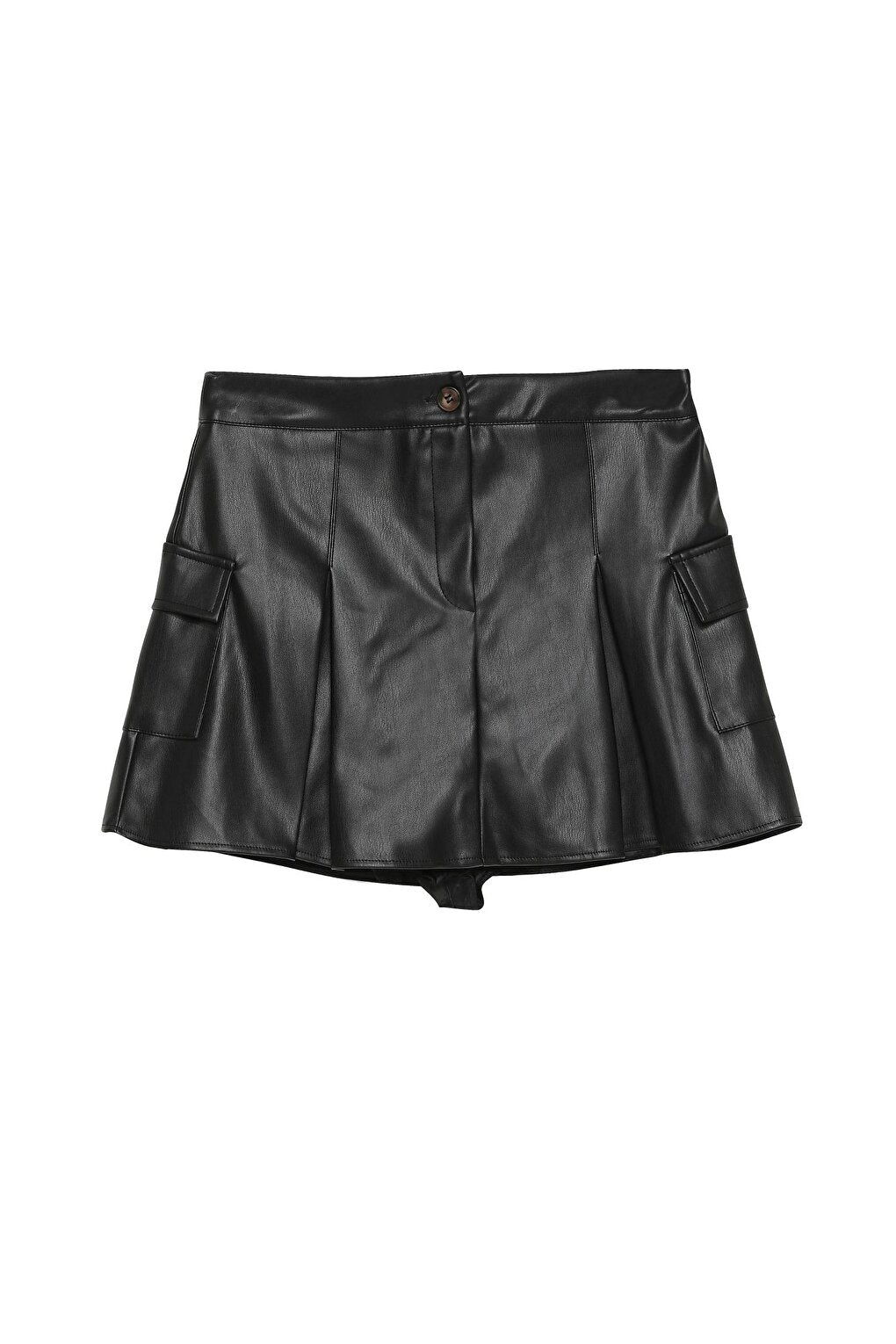 Pleat Detailed Pocket Mini Leather Skirt Black