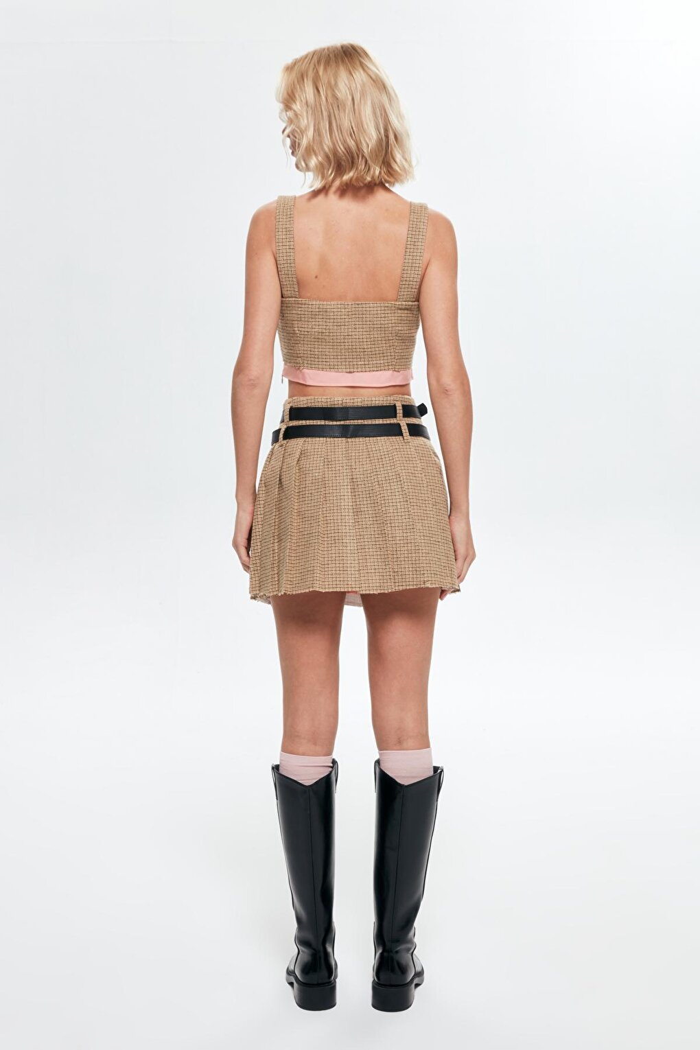 Pleat Detailed Belted Mini Skirt Beige