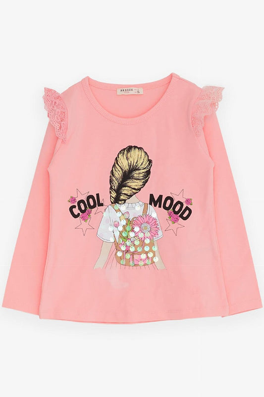 Girl's Long Sleeve T-Shirt Pink with Laced Shoulders (4-9 Years)