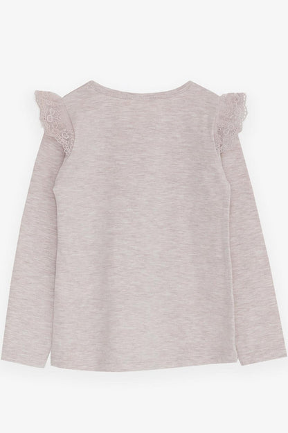 Girl's Long Sleeve T-Shirt with Guipure Shoulders, Beige Melange (4-9 Years)