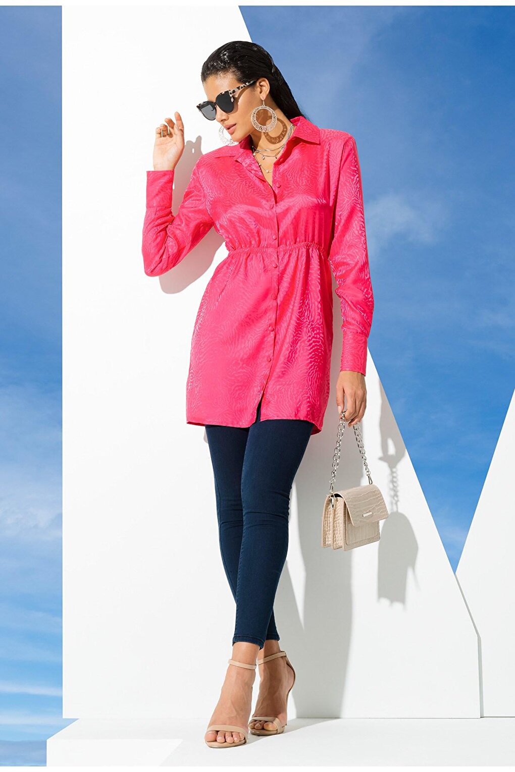 Satin Jacquard Padded Pink Shirt