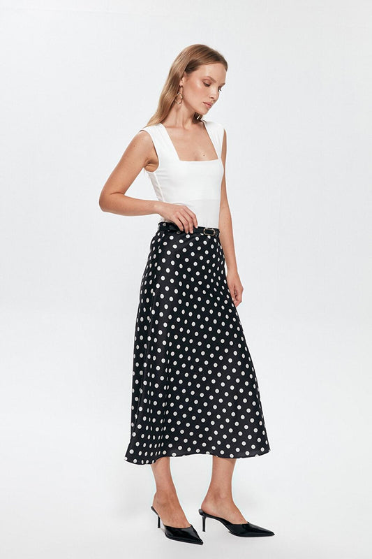 Belted Waist Polka Dot Satin Skirt Black